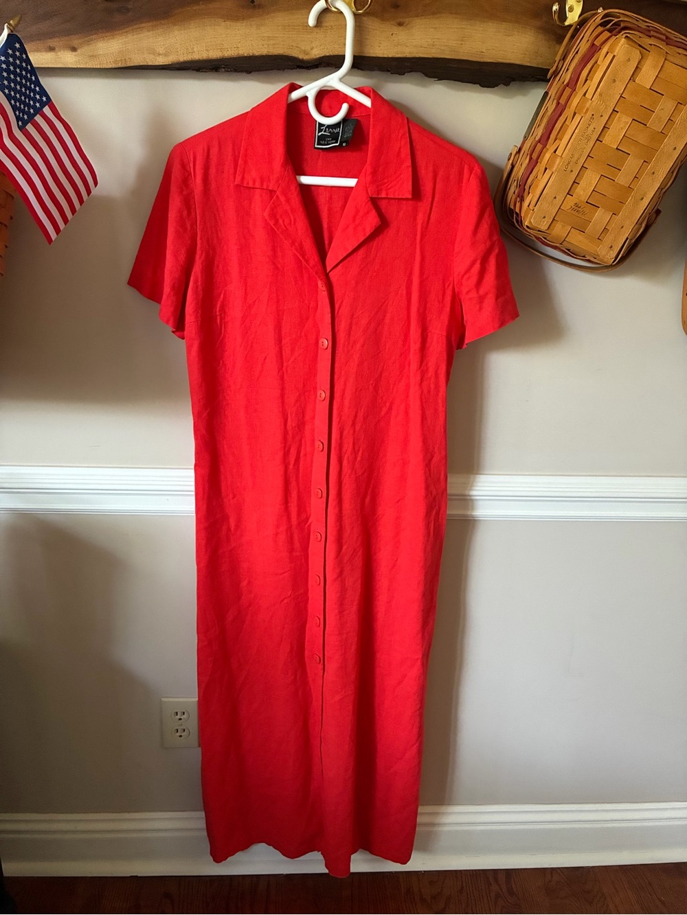 Vintage Lennie NY Linen Rayon Button-Front Red Midi Dress
